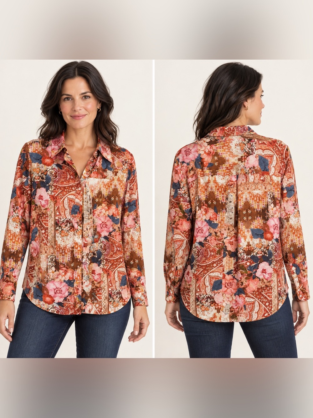 Chico's Floral Patchwork Button-Down Shirt in Brown and Pink